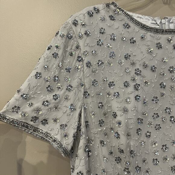 Adriana Papell Blouse 16W Gray Silver Silk Sequins Beaded Formal Evening Gatsby - Picture 3 of 7